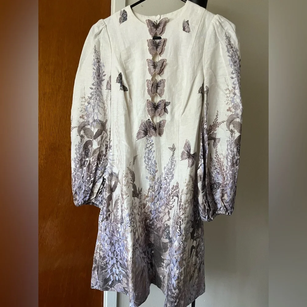 Zimmermann Luminous Butterfly Print Linen Mini Dress Wild Botanica Size 0/US4 - Picture 2 of 8